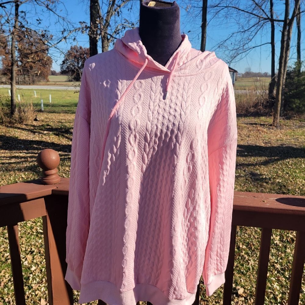 Ladies Solid Pink Textured Pullover Casual Long Sleeve Drawstring  Sweatshirt XL